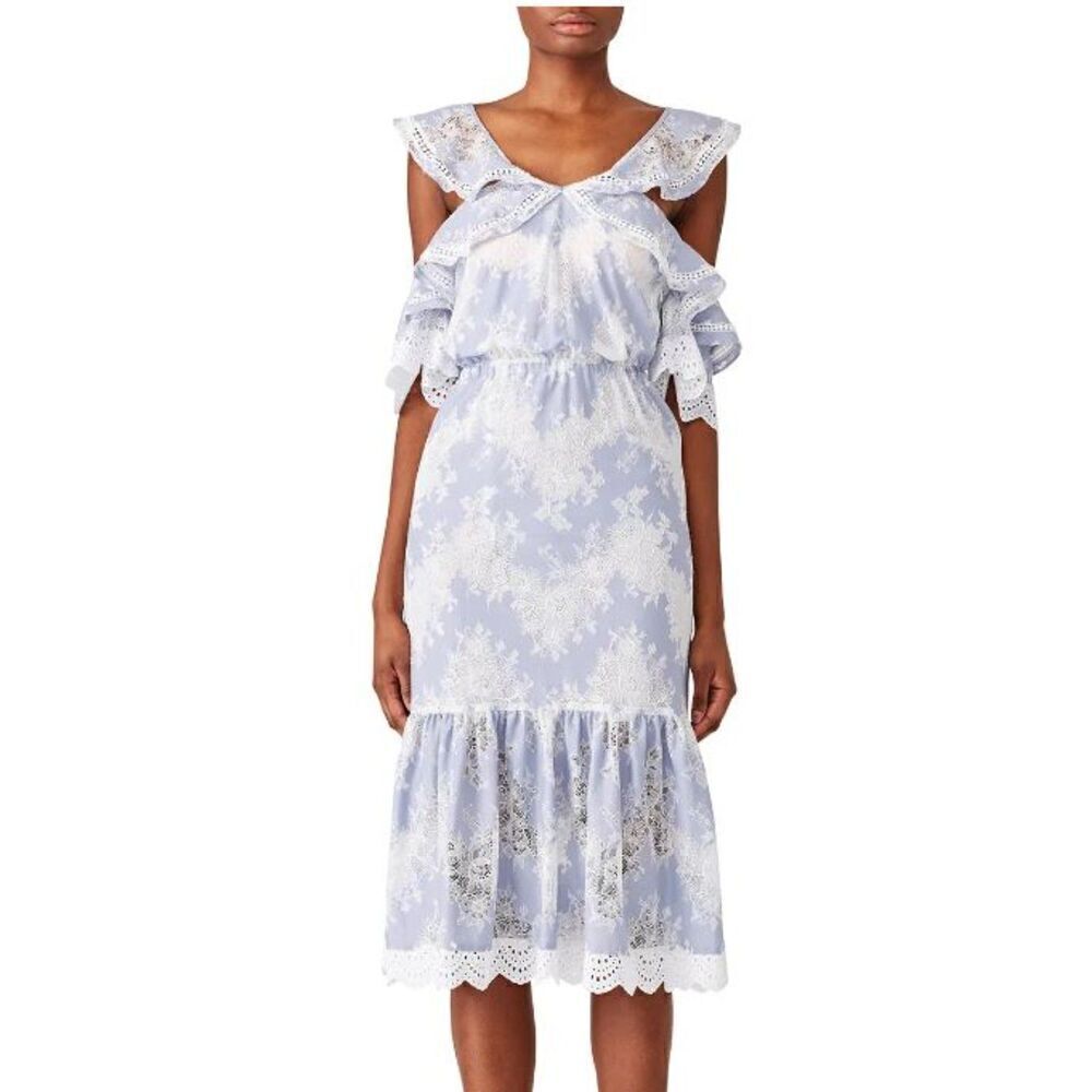 Marissa Webb Kendra Midi Dress Eyelet Cold Shoulder Ruffle Lace Blue Medium